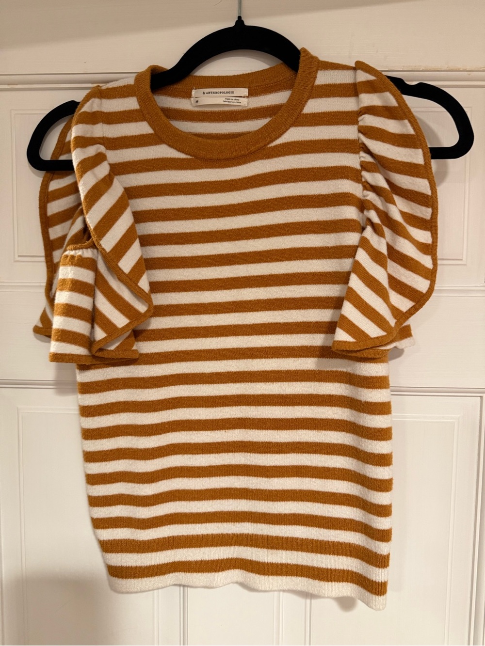 Anthropologie Striped Ruffle Sleeve Sweater in Mustard and White